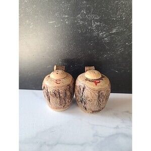 Vintage Wooden Barrel Shaped Tree Bark Salt And Pepper Shakers